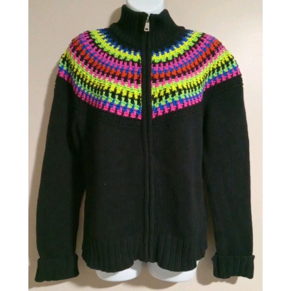 L-RL LAUREN ACTIVE Black Full Zip Colorful Neckline Longsleeve Sweater Size L